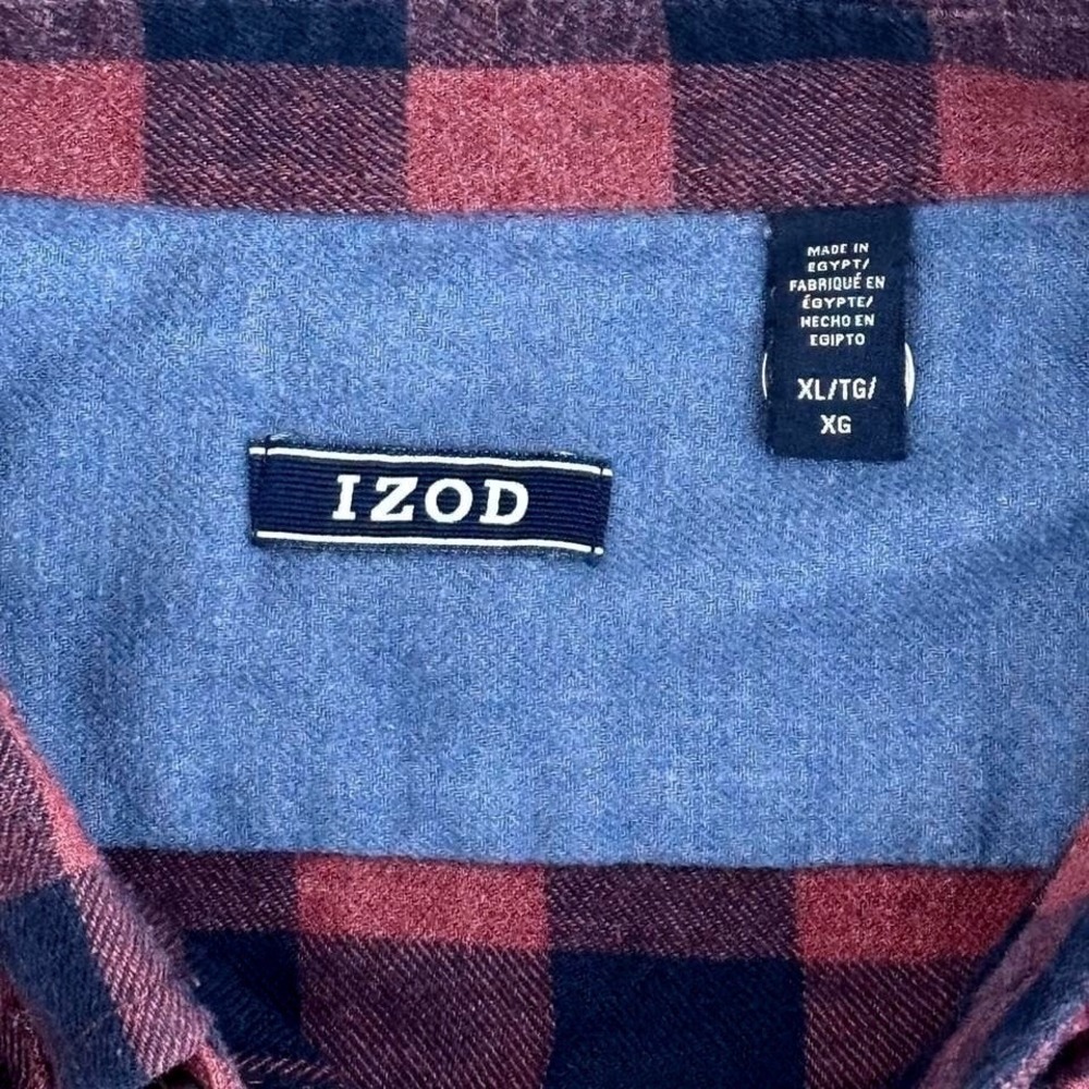IZOD Mens Buffalo Check Flannel Shirt Burgundy Navy Blue Plaid XL Long Sleeve - Picture 3 of 4